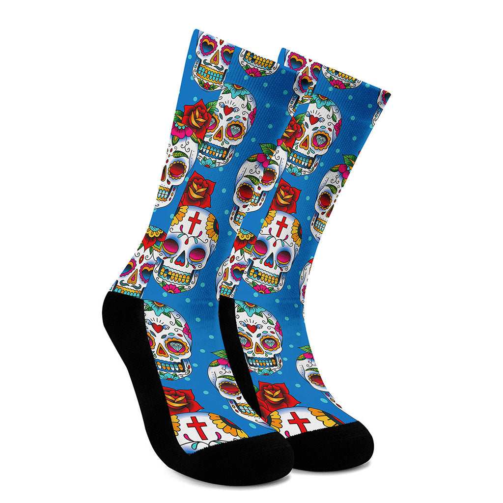 Rose Sugar Skull Pattern Print Crew Socks