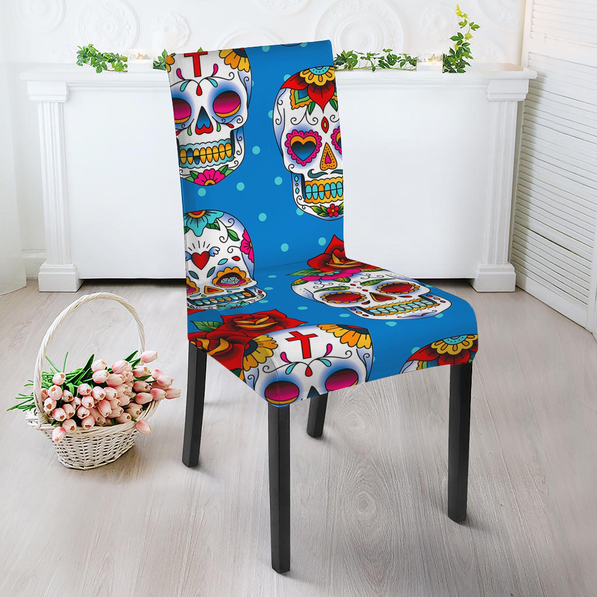 Rose Sugar Skull Pattern Print Dining Chair Slipcover