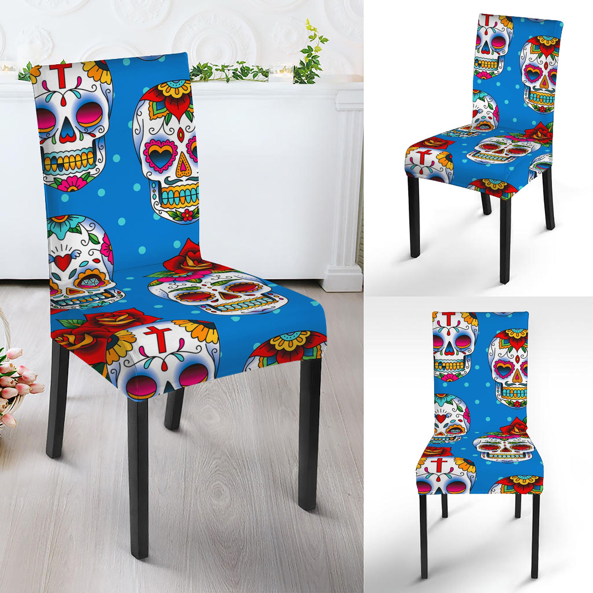 Rose Sugar Skull Pattern Print Dining Chair Slipcover