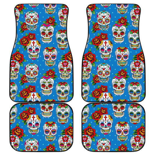 Rose Sugar Skull Pattern Print Front and Back Car Floor Mats