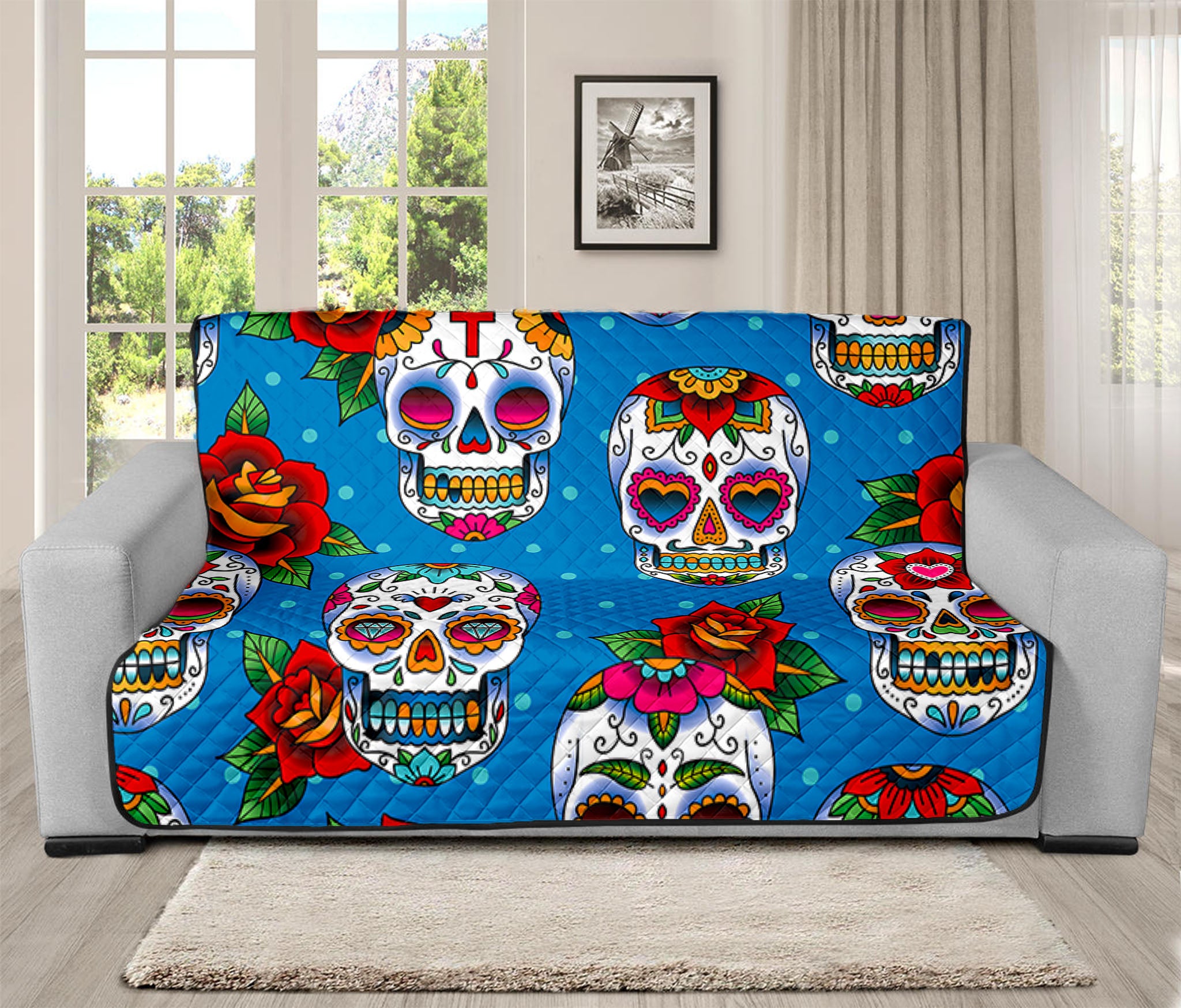 Rose Sugar Skull Pattern Print Futon Protector