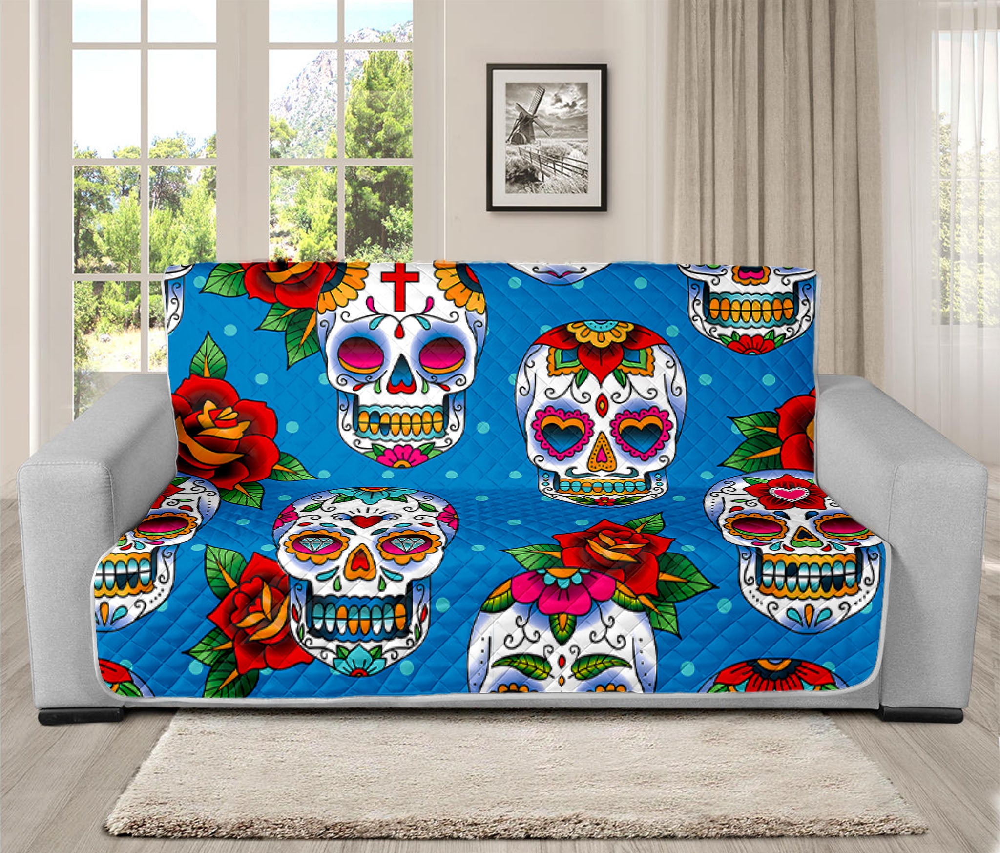 Rose Sugar Skull Pattern Print Futon Protector