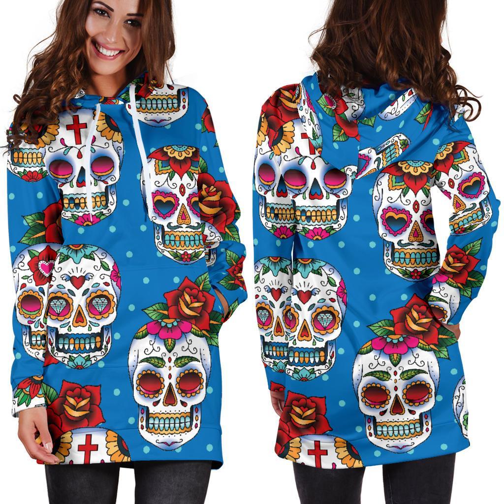 Rose Sugar Skull Pattern Print Hoodie Dress GearFrost