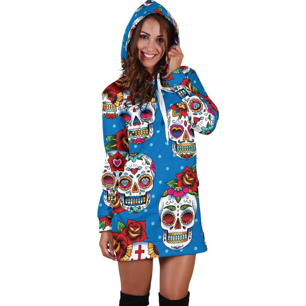 Rose Sugar Skull Pattern Print Hoodie Dress GearFrost