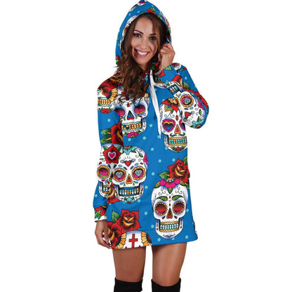 Rose Sugar Skull Pattern Print Hoodie Dress GearFrost