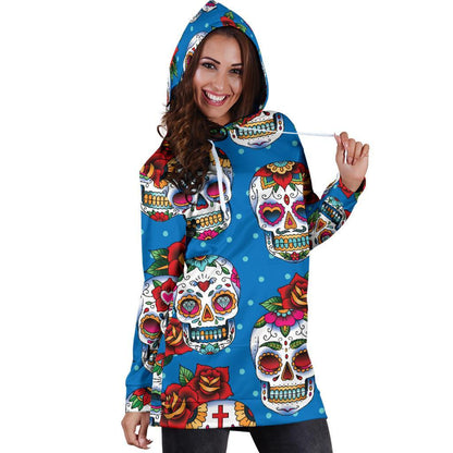 Rose Sugar Skull Pattern Print Hoodie Dress GearFrost