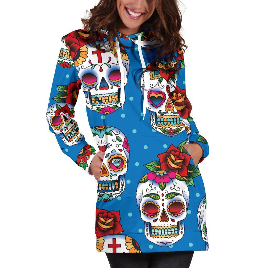 Rose Sugar Skull Pattern Print Hoodie Dress GearFrost