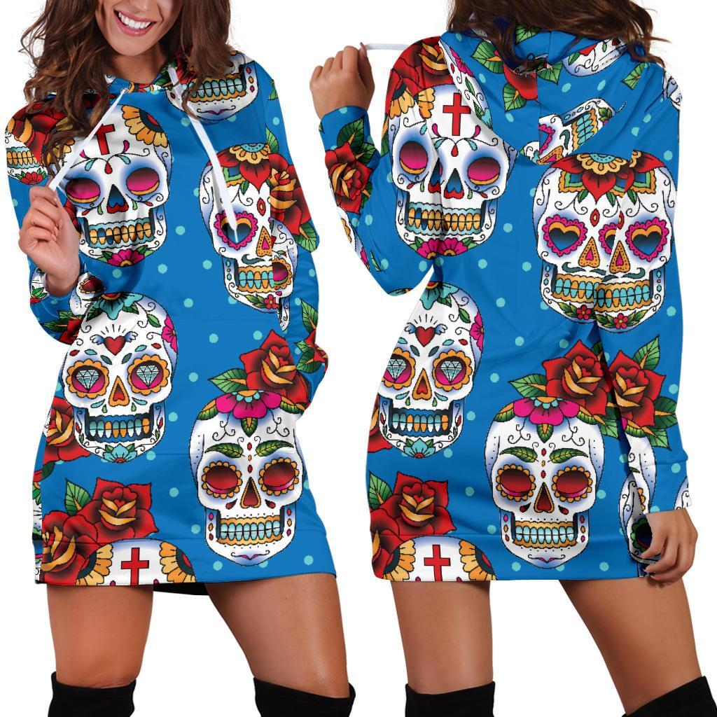 Rose Sugar Skull Pattern Print Hoodie Dress GearFrost