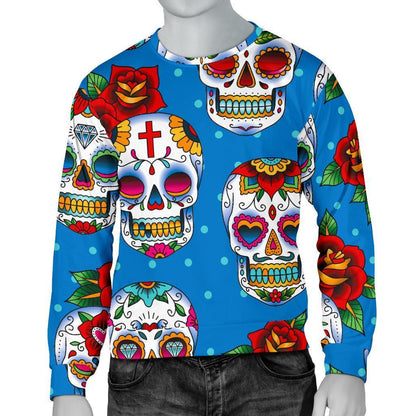 Rose Sugar Skull Pattern Print Men's Crewneck Sweatshirt GearFrost