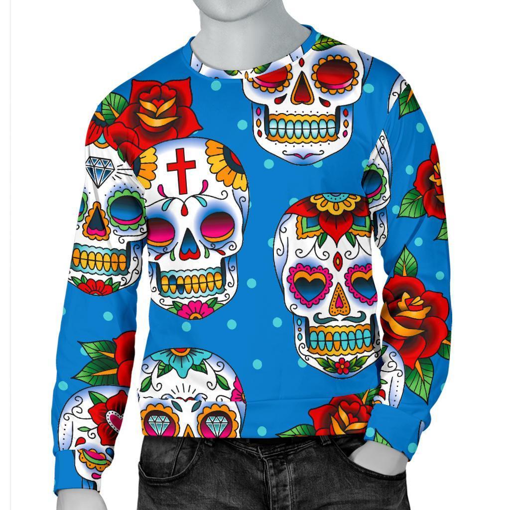 Rose Sugar Skull Pattern Print Men's Crewneck Sweatshirt GearFrost