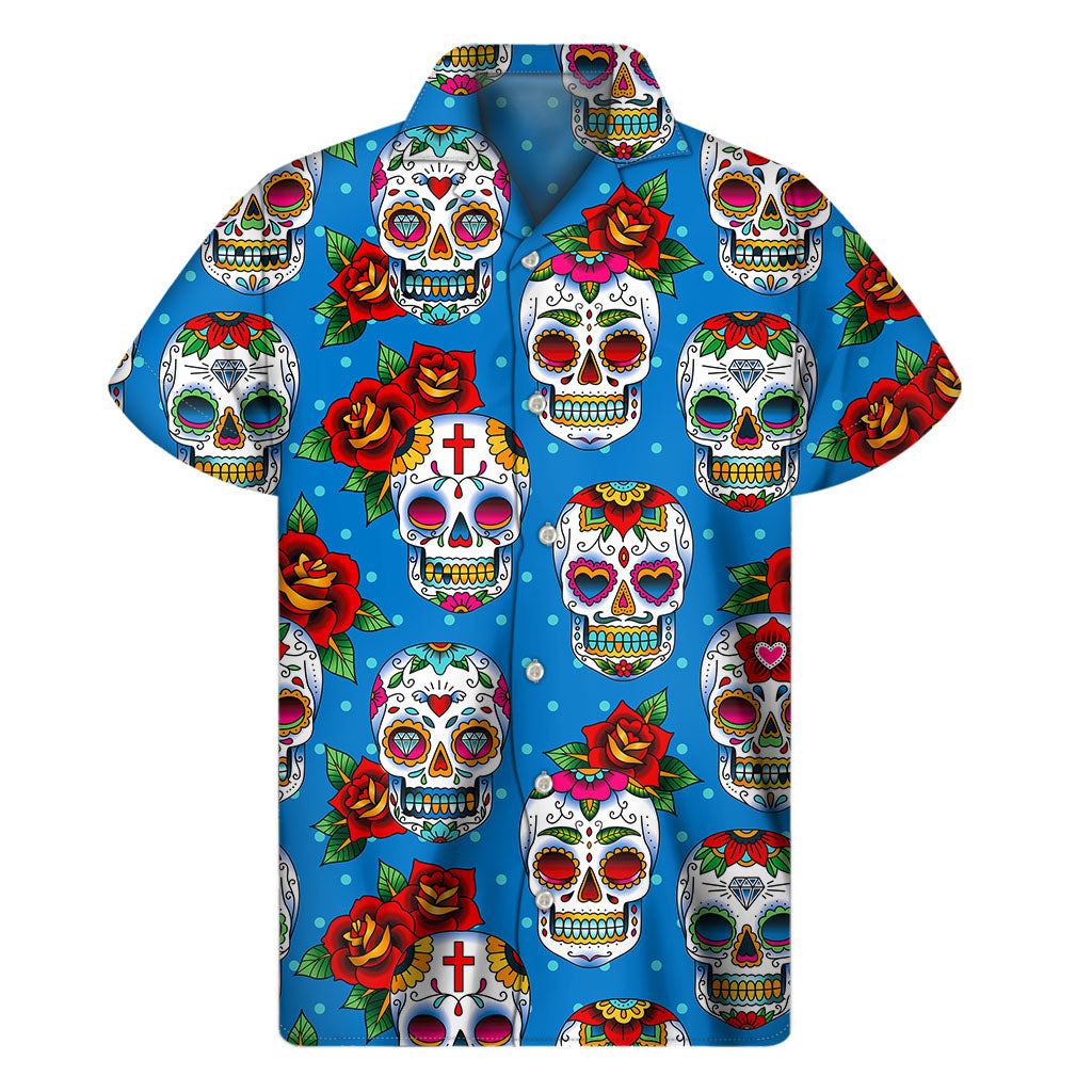 Rose Sugar Skull Pattern Print Men's Short Sleeve Shirt