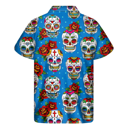 Rose Sugar Skull Pattern Print Men's Short Sleeve Shirt