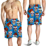 Rose Sugar Skull Pattern Print Men's Shorts