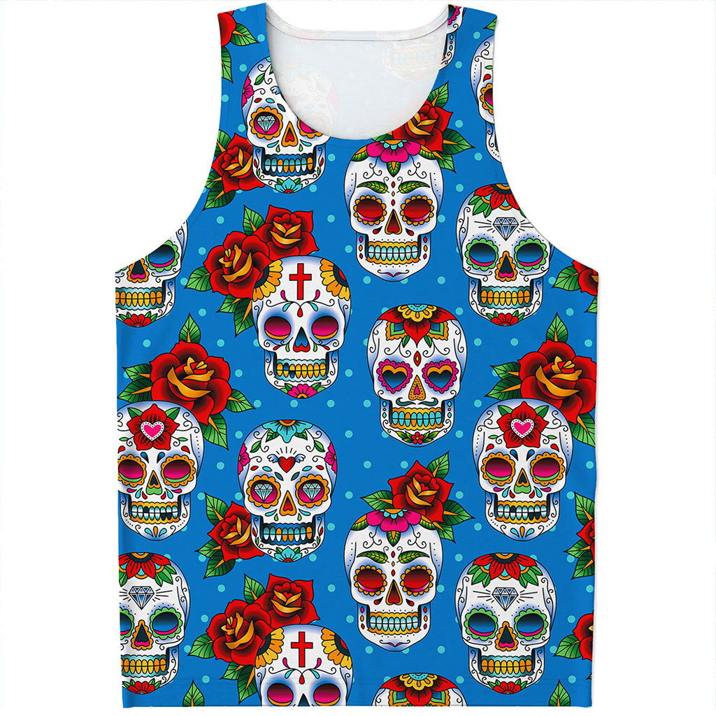 Rose Sugar Skull Pattern Print Men's Tank Top