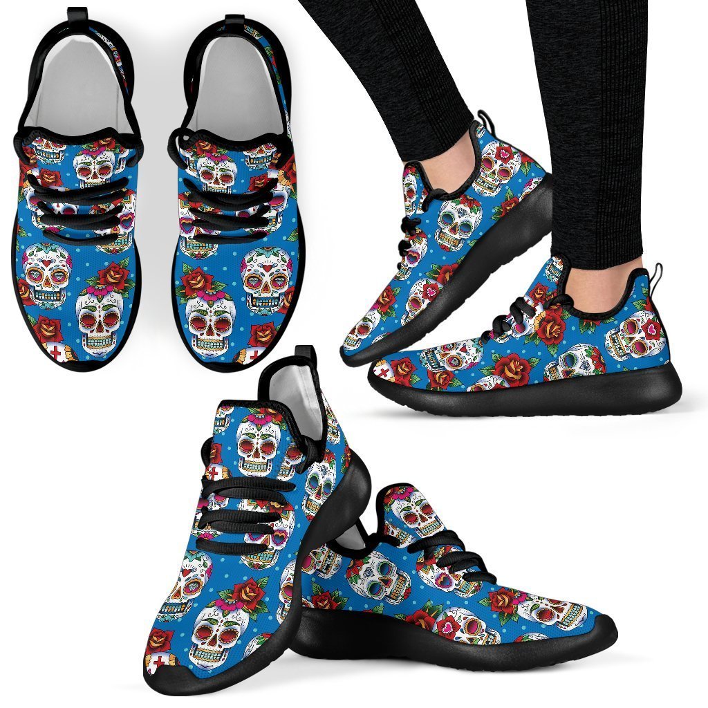 Rose Sugar Skull Pattern Print Mesh Knit Shoes GearFrost