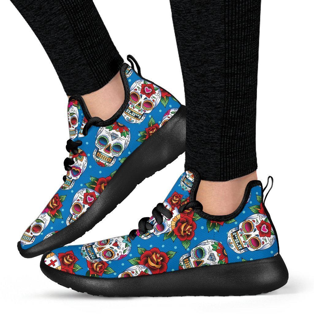 Rose Sugar Skull Pattern Print Mesh Knit Shoes GearFrost