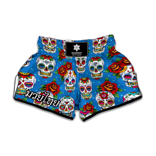 Rose Sugar Skull Pattern Print Muay Thai Boxing Shorts
