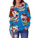 Rose Sugar Skull Pattern Print Off Shoulder Sweatshirt GearFrost