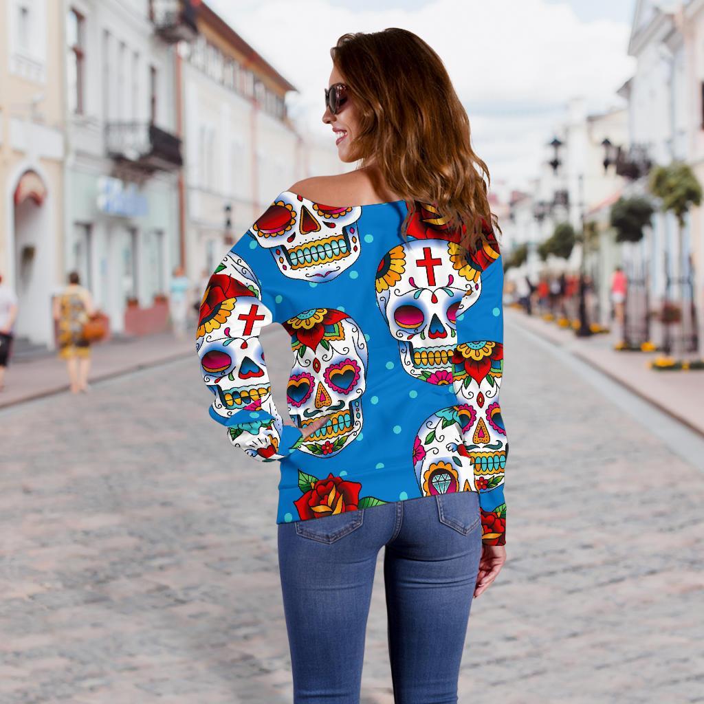 Rose Sugar Skull Pattern Print Off Shoulder Sweatshirt GearFrost
