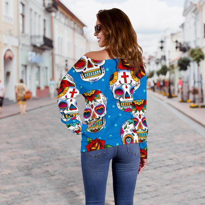 Rose Sugar Skull Pattern Print Off Shoulder Sweatshirt GearFrost