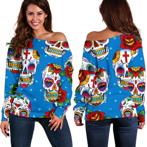 Rose Sugar Skull Pattern Print Off Shoulder Sweatshirt GearFrost