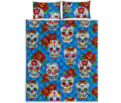 Rose Sugar Skull Pattern Print Quilt Bed Set