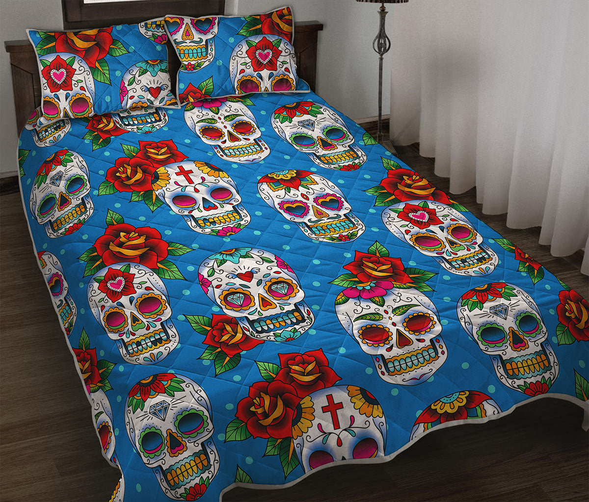 Rose Sugar Skull Pattern Print Quilt Bed Set
