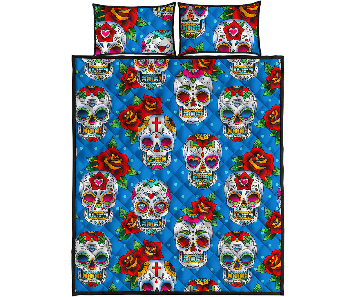 Rose Sugar Skull Pattern Print Quilt Bed Set