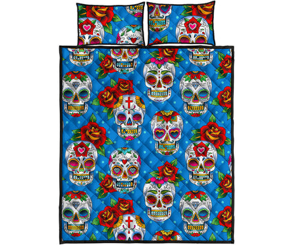 Rose Sugar Skull Pattern Print Quilt Bed Set
