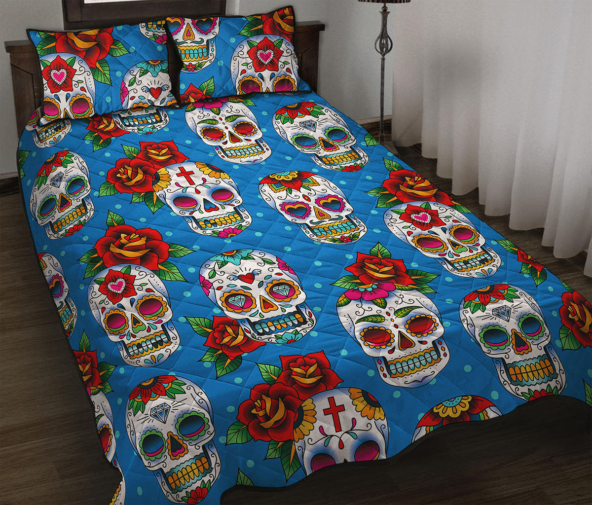 Rose Sugar Skull Pattern Print Quilt Bed Set