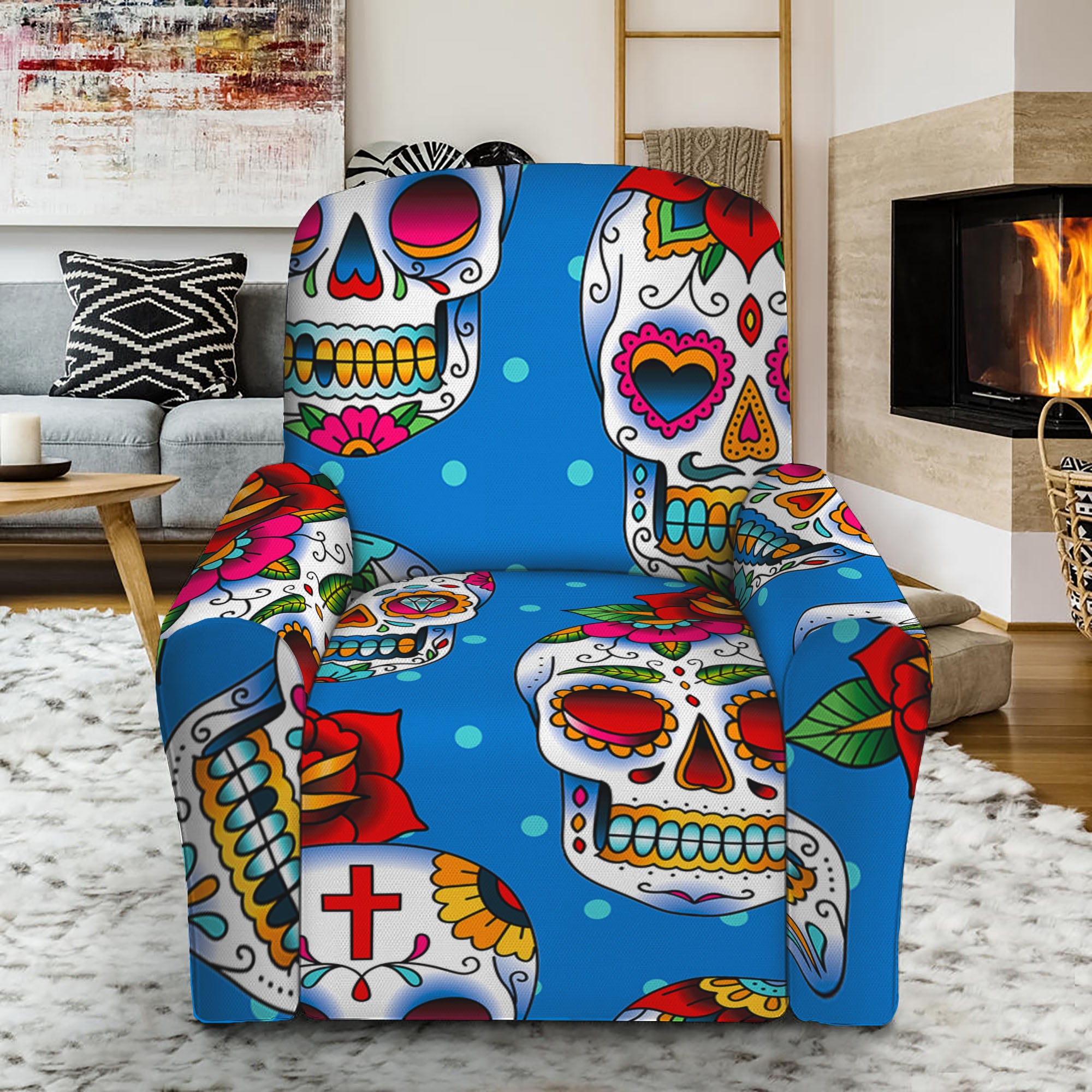 Rose Sugar Skull Pattern Print Recliner Slipcover