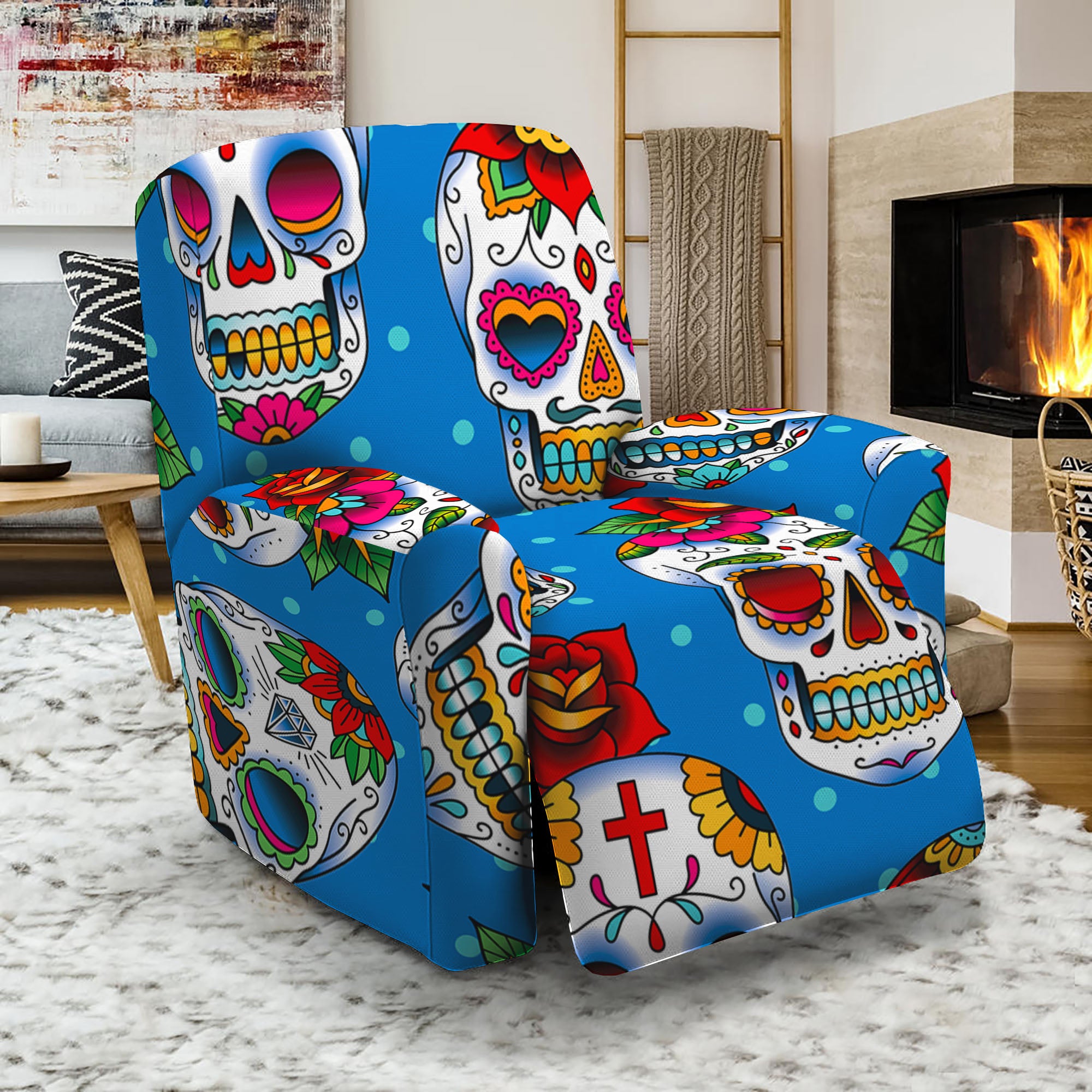 Rose Sugar Skull Pattern Print Recliner Slipcover