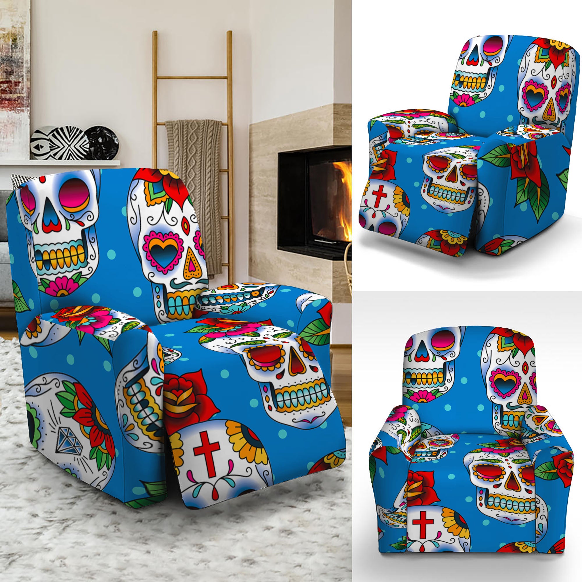 Rose Sugar Skull Pattern Print Recliner Slipcover