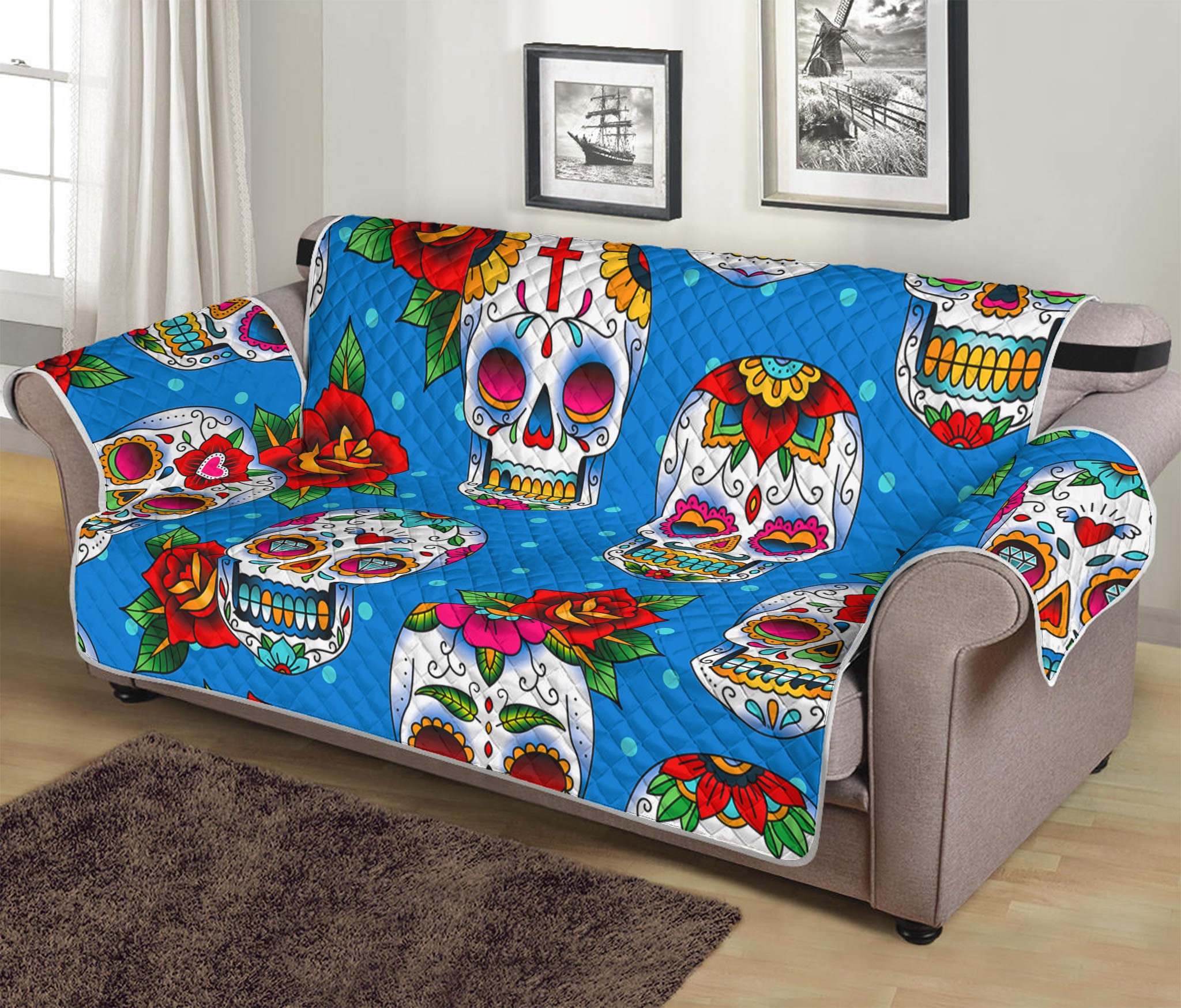 Rose Sugar Skull Pattern Print Sofa Protector