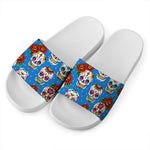 Rose Sugar Skull Pattern Print White Slide Sandals
