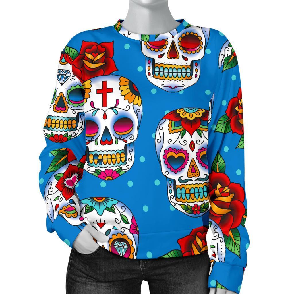 Rose Sugar Skull Pattern Print Women's Crewneck Sweatshirt GearFrost