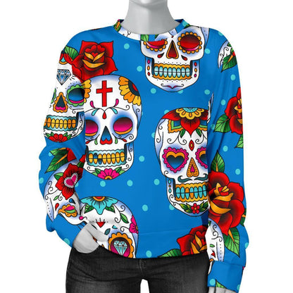 Rose Sugar Skull Pattern Print Women's Crewneck Sweatshirt GearFrost