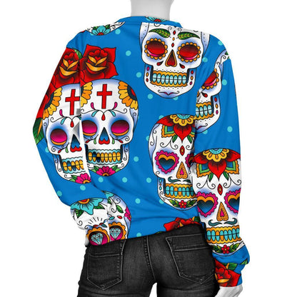 Rose Sugar Skull Pattern Print Women's Crewneck Sweatshirt GearFrost