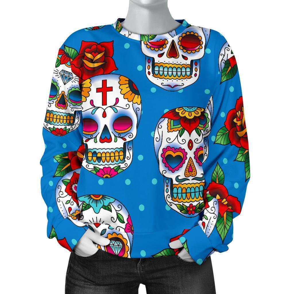 Rose Sugar Skull Pattern Print Women's Crewneck Sweatshirt GearFrost