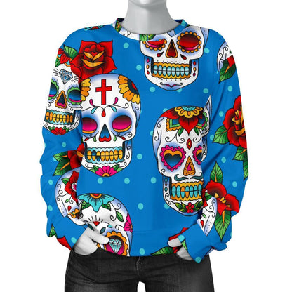 Rose Sugar Skull Pattern Print Women's Crewneck Sweatshirt GearFrost