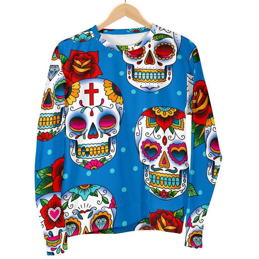 Rose Sugar Skull Pattern Print Women's Crewneck Sweatshirt GearFrost