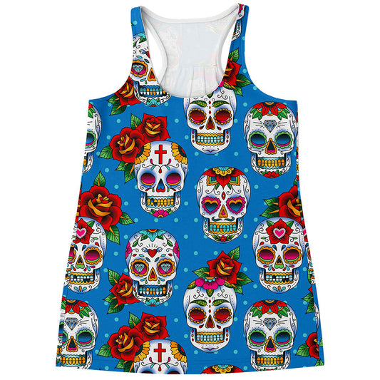 Rose Sugar Skull Pattern Print Women's Racerback Tank Top