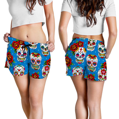 Rose Sugar Skull Pattern Print Women's Shorts