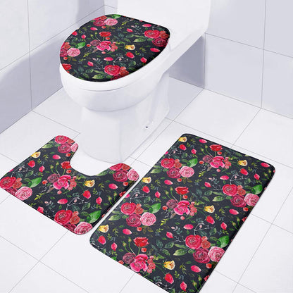 Roses Floral Flower Pattern Print 3 Piece Bath Mat Set