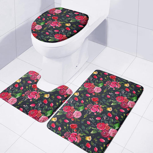 Roses Floral Flower Pattern Print 3 Piece Bath Mat Set