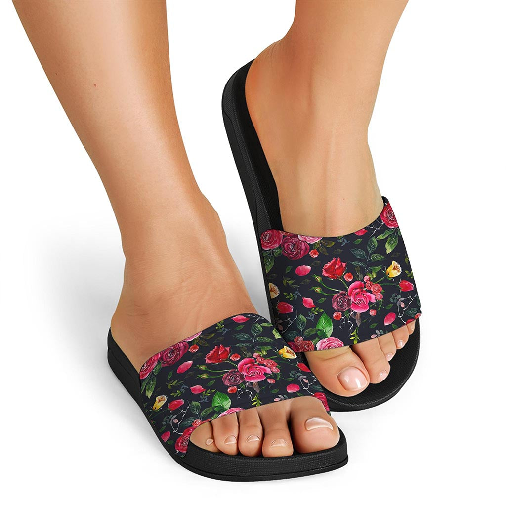 Roses Floral Flower Pattern Print Black Slide Sandals
