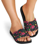 Roses Floral Flower Pattern Print Black Slide Sandals