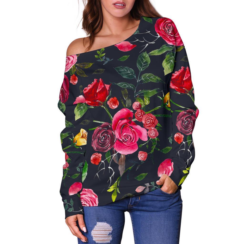 Roses Floral Flower Pattern Print Off Shoulder Sweatshirt GearFrost
