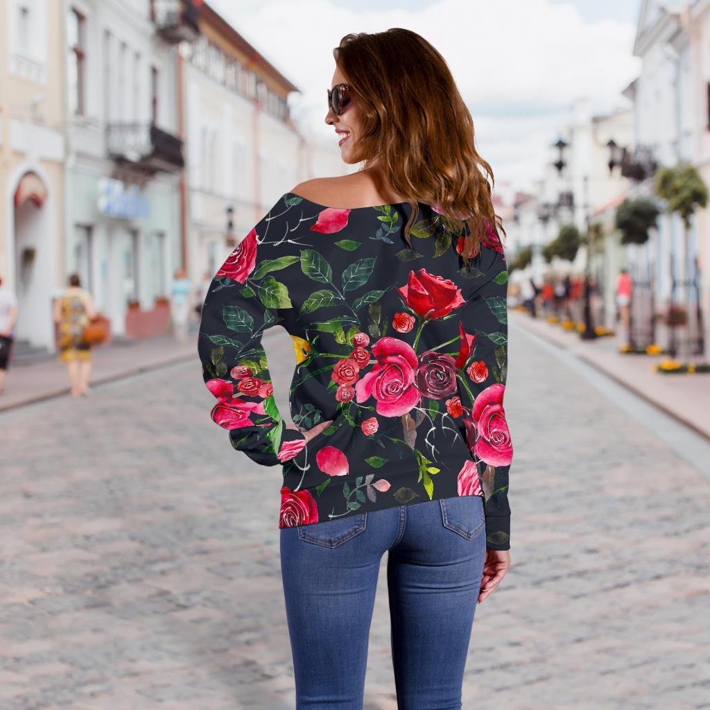 Roses Floral Flower Pattern Print Off Shoulder Sweatshirt GearFrost