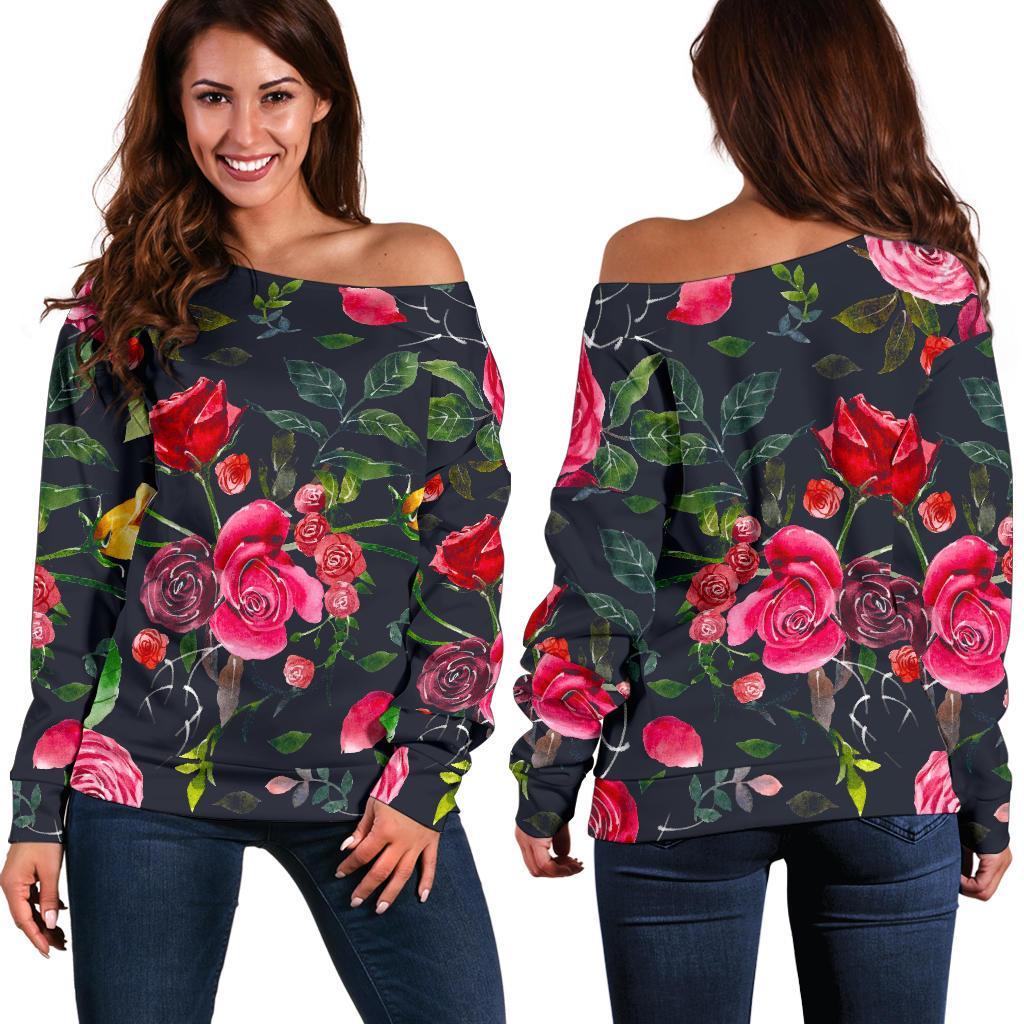 Roses Floral Flower Pattern Print Off Shoulder Sweatshirt GearFrost